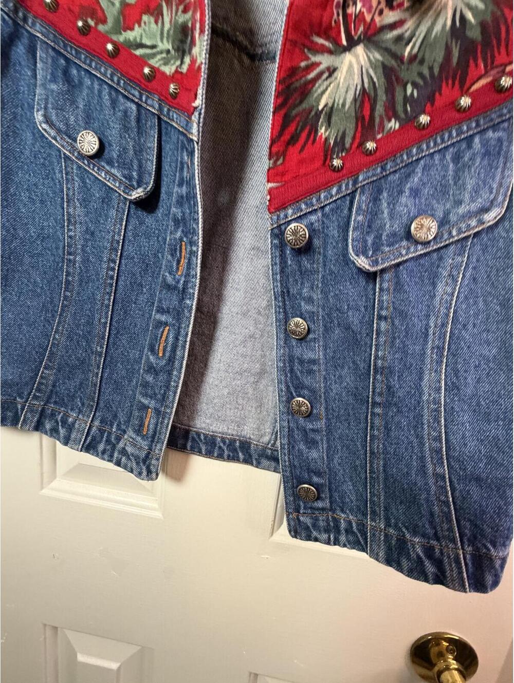 Vintage 90s Gordon & James Denim Western Vest Red Cowboy Print Size Small - Picture 6 of 7